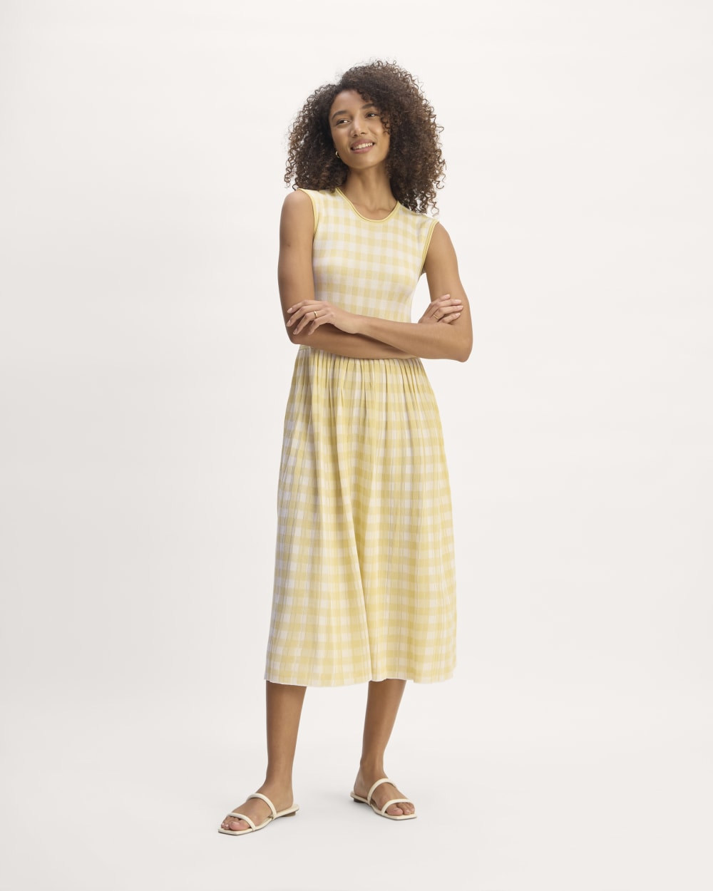 womens-viscose-knit-pleated-dress-bone-parsnip-gingham | primary