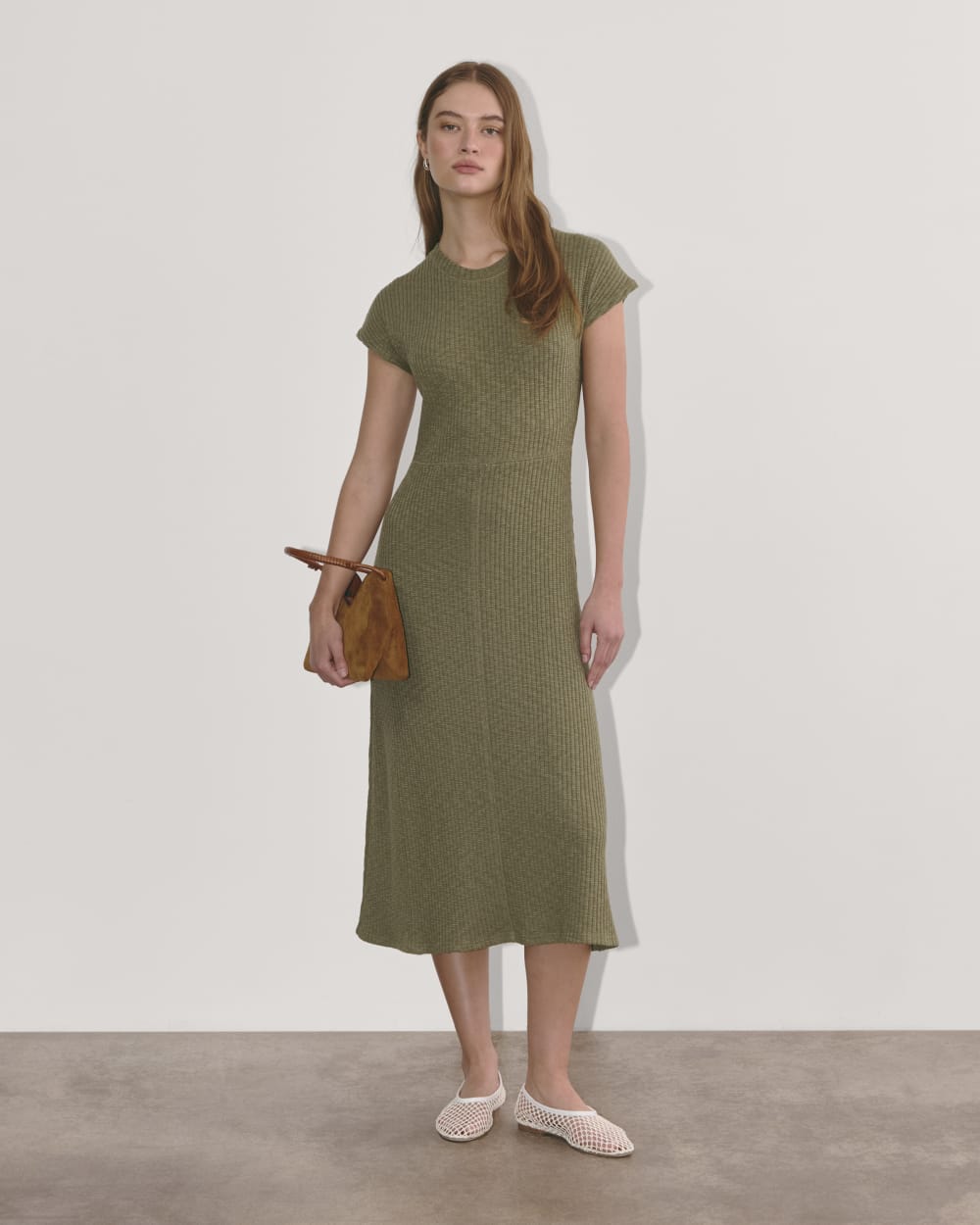 womens-rib-knit-cap-sleeve-midi-dress-kalamata | primary