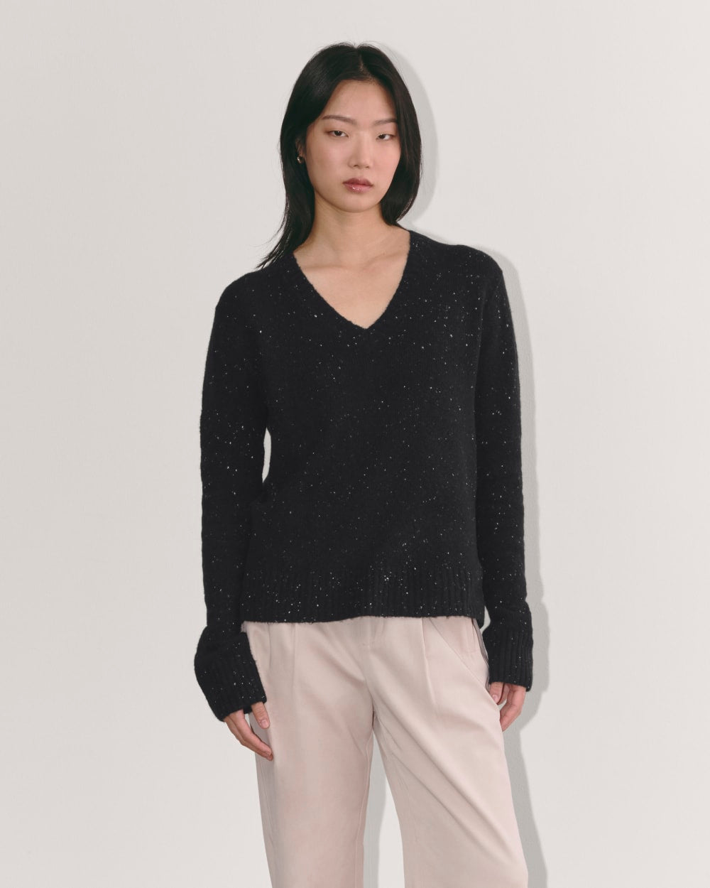 womens-v-neck-sweater-plush-cotton-black-confetti | primary