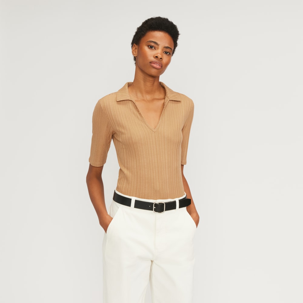 womens-riib-soft-knit-open-collar-polo-caramel | primary