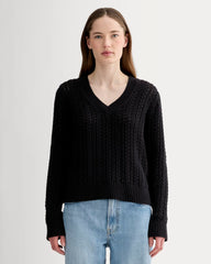 womens-mesh-cable-v-neck-everyday-cotton-black | primary
