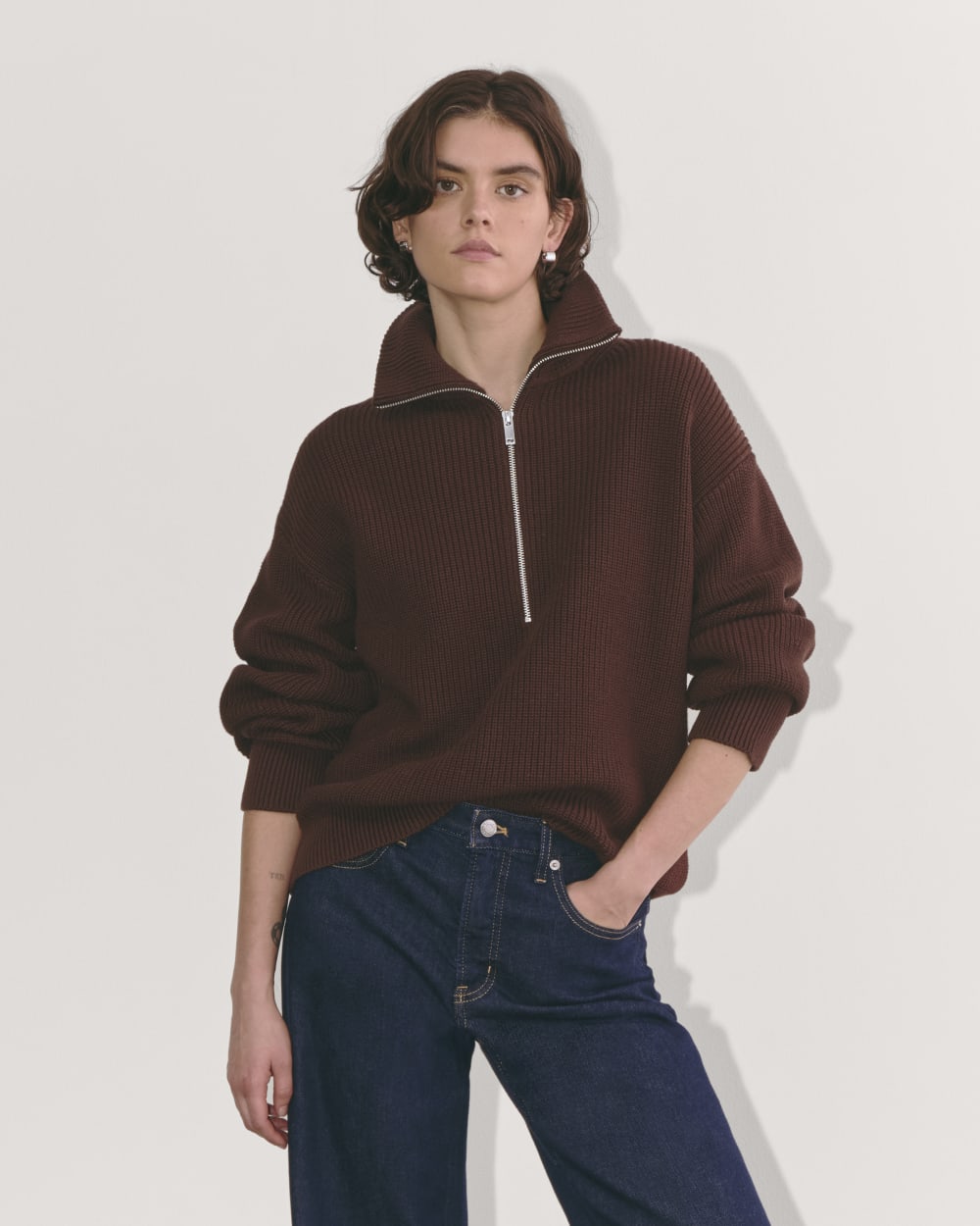 womens-cotton-half-zip-sweater-dark-mahogany | primary