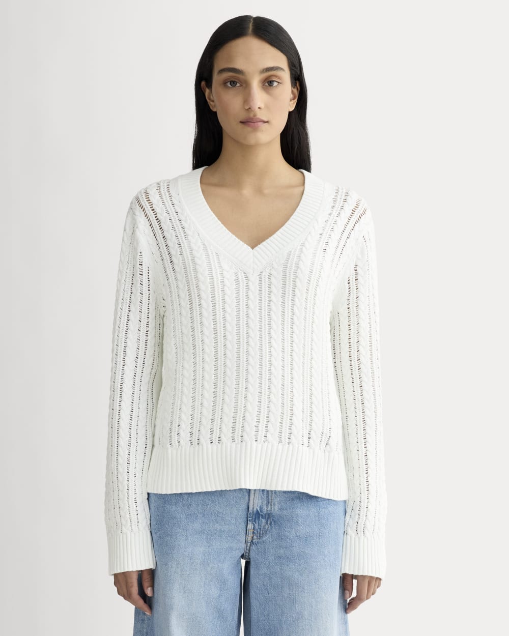 womens-mesh-cable-v-neck-everyday-cotton-white | primary