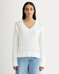 womens-mesh-cable-v-neck-everyday-cotton-white | primary