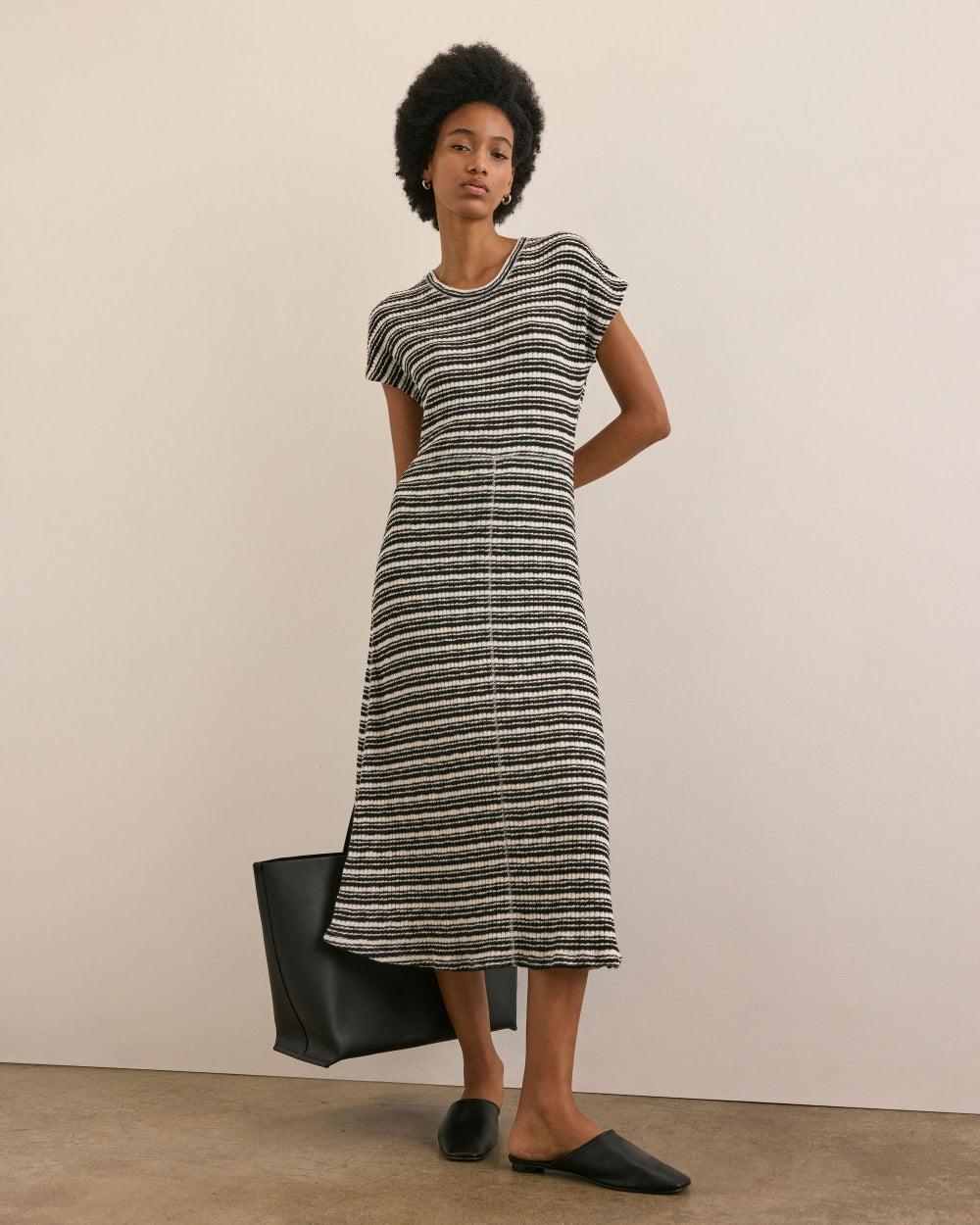 womens-rib-knit-cap-sleeve-midi-dress-bone-black