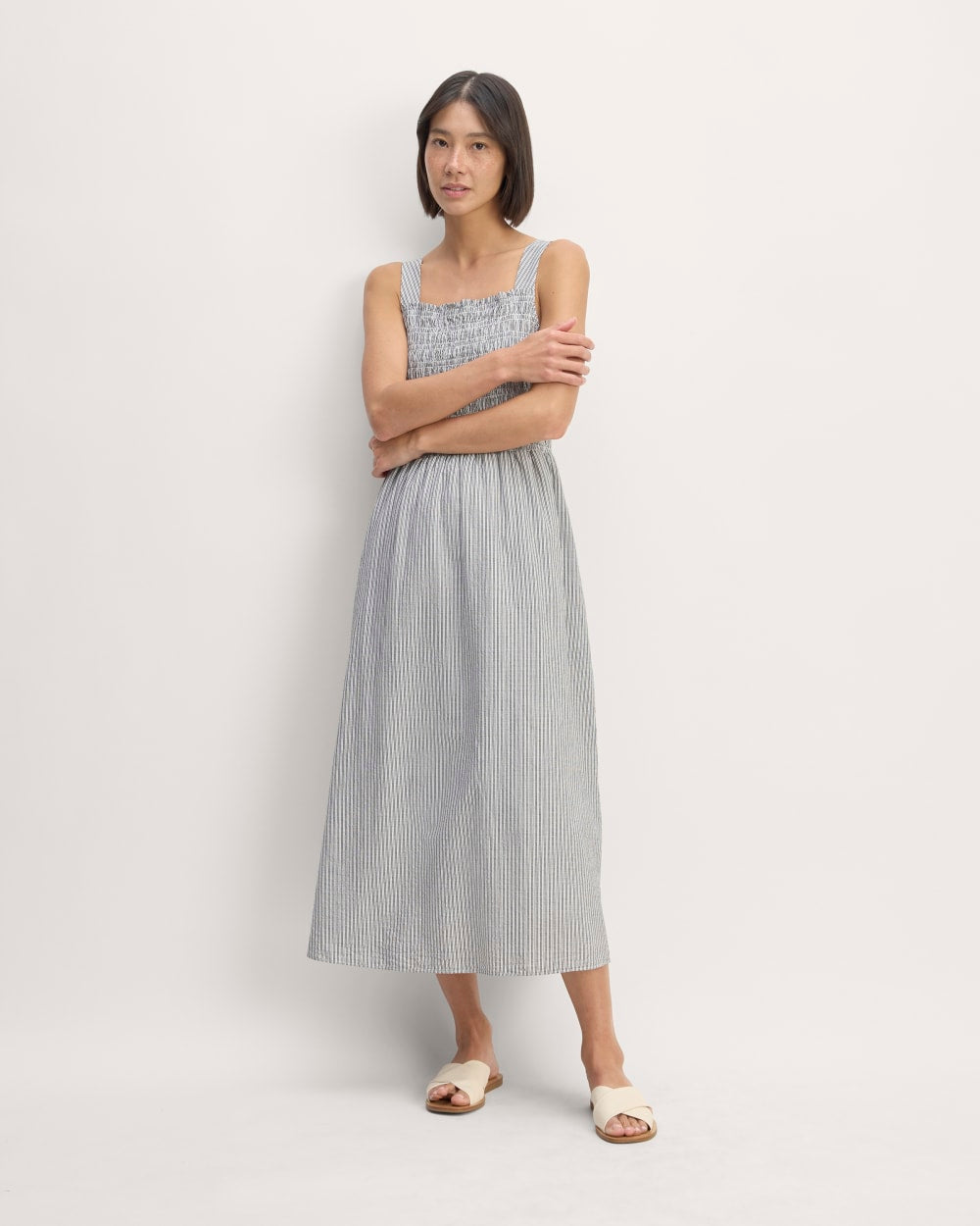 womens-gauze-smock-dress-white-black | primary