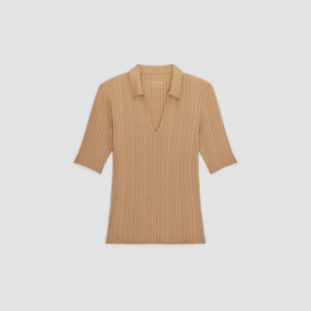 womens-riib-soft-knit-open-collar-polo-caramel | alt