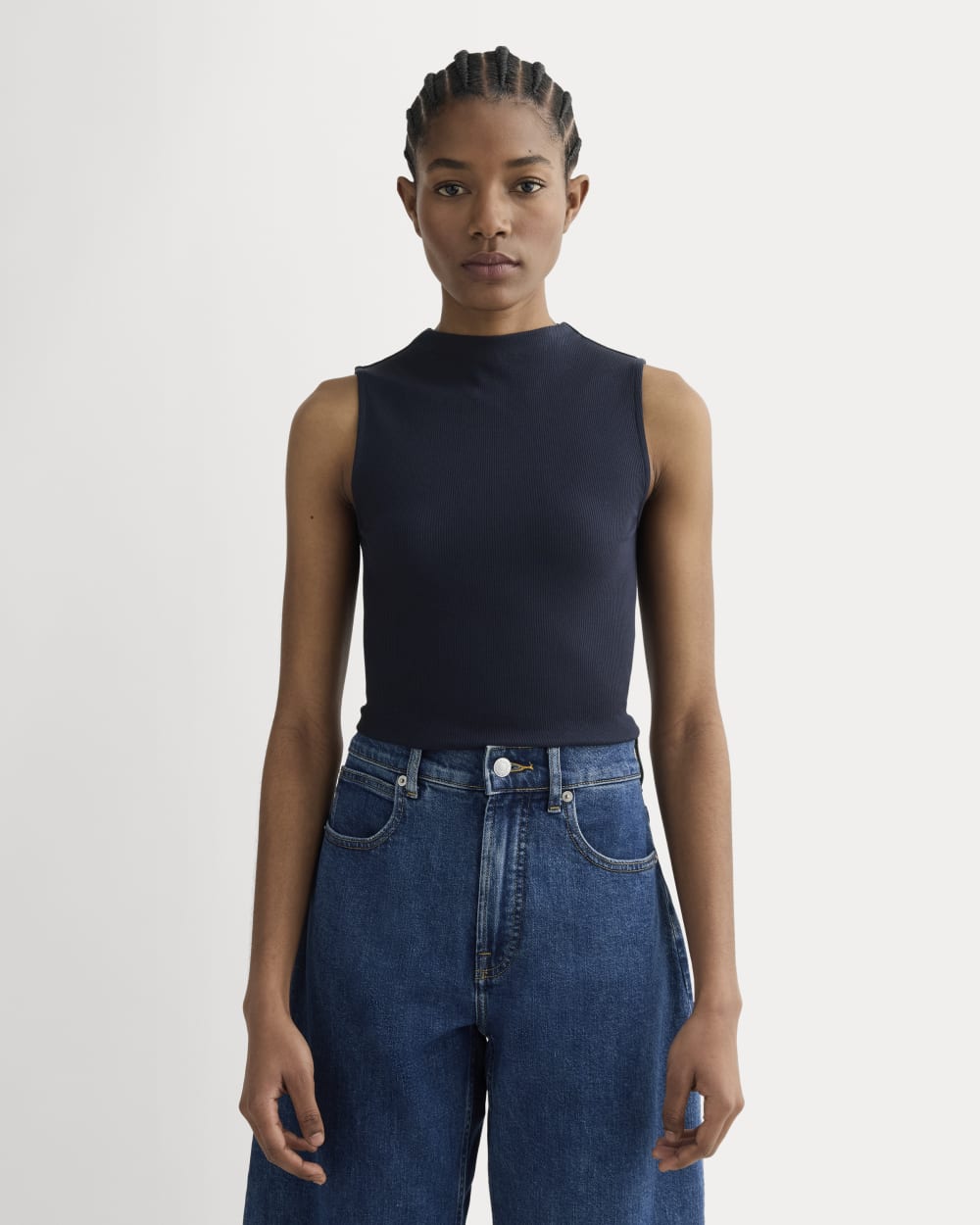 womens-luxe-supima-micro-rib-funnel-neck-tank-navy | primary
