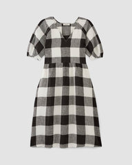 womens-linen-oversized-puff-sleeve-dress-bone-black-check | alt